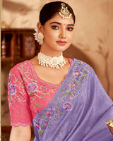 Vishal Prints Pastel Purple Designer Crushed Tissue Saree With Embroidery-Diamond Work And Cut Work Border