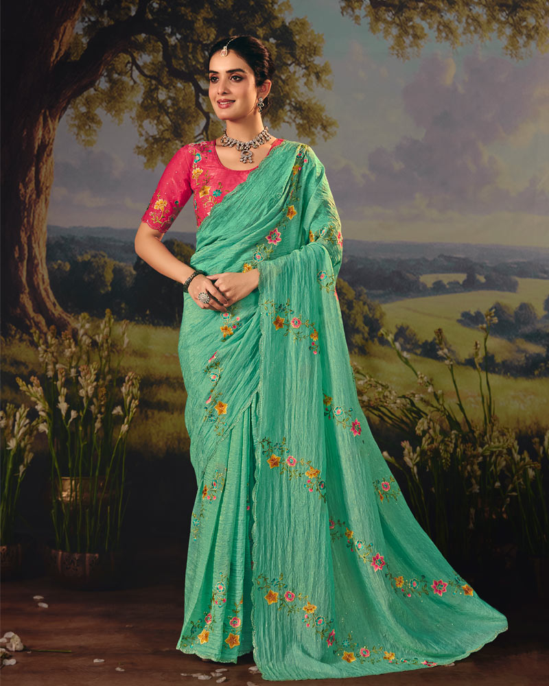 Vishal Prints Sea Green Designer Crushed Tissue Saree With Embroidery-Diamond Work And Cut Work Border