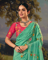 Vishal Prints Sea Green Designer Crushed Tissue Saree With Embroidery-Diamond Work And Cut Work Border