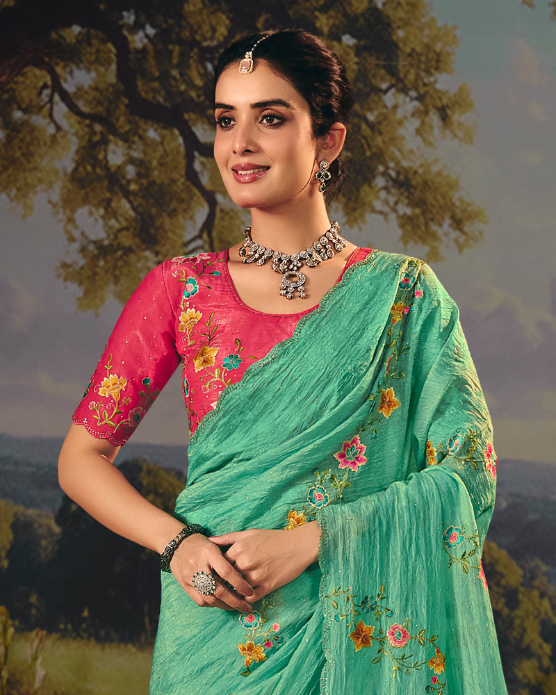 Vishal Prints Sea Green Designer Crushed Tissue Saree With Embroidery-Diamond Work And Cut Work Border