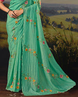 Vishal Prints Sea Green Designer Crushed Tissue Saree With Embroidery-Diamond Work And Cut Work Border