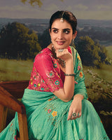 Vishal Prints Sea Green Designer Crushed Tissue Saree With Embroidery-Diamond Work And Cut Work Border