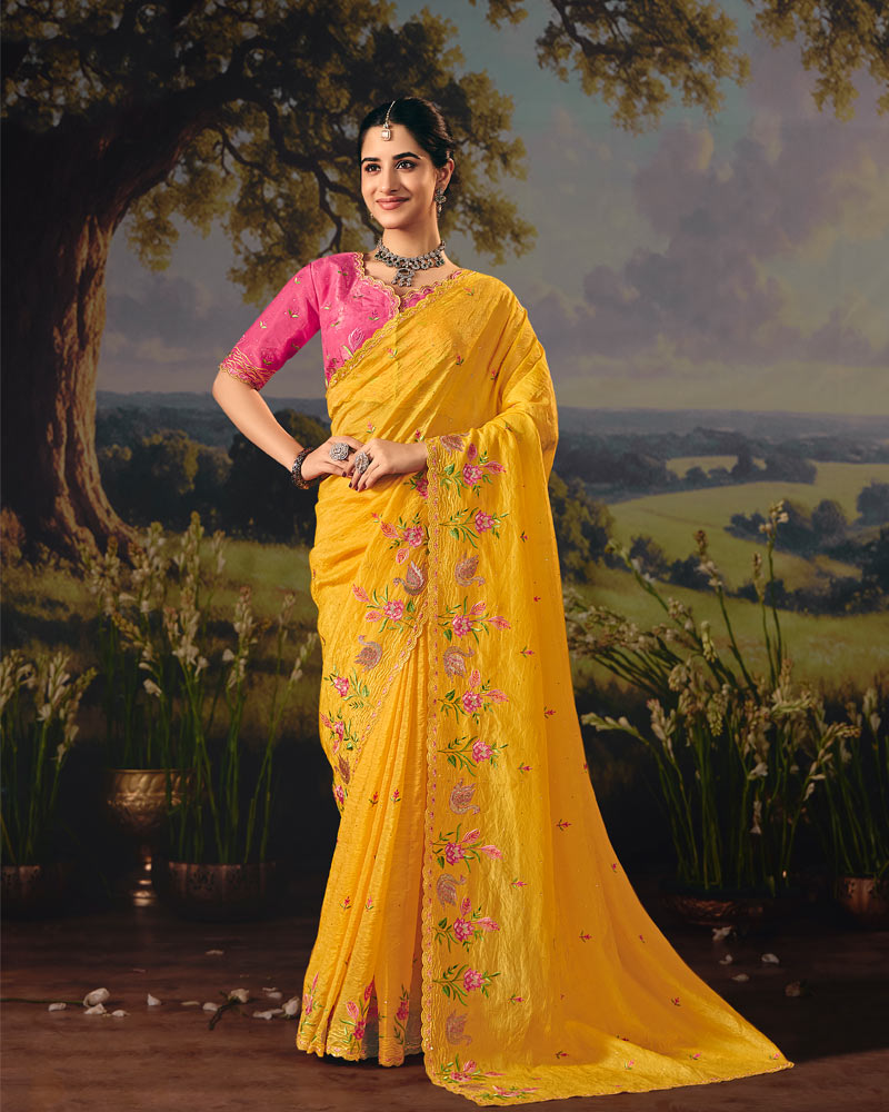 Vishal Prints Yellow Ochre Designer Crushed Tissue Saree With Embroidery-Diamond Work And Cut Work Border