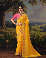 Vishal Prints Yellow Ochre Designer Crushed Tissue Saree With Embroidery-Diamond Work And Cut Work Border