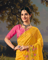 Vishal Prints Yellow Ochre Designer Crushed Tissue Saree With Embroidery-Diamond Work And Cut Work Border