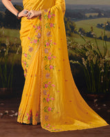 Vishal Prints Yellow Ochre Designer Crushed Tissue Saree With Embroidery-Diamond Work And Cut Work Border