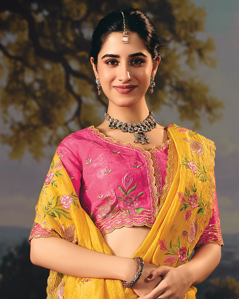 Vishal Prints Yellow Ochre Designer Crushed Tissue Saree With Embroidery-Diamond Work And Cut Work Border