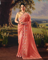Vishal Prints Dark Coral Designer Crushed Tissue Saree With Embroidery-Diamond Work And Cut Work Border