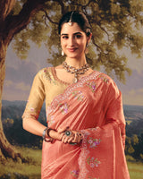 Vishal Prints Dark Coral Designer Crushed Tissue Saree With Embroidery-Diamond Work And Cut Work Border