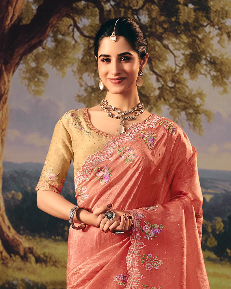 Vishal Prints Dark Coral Designer Crushed Tissue Saree With Embroidery-Diamond Work And Cut Work Border