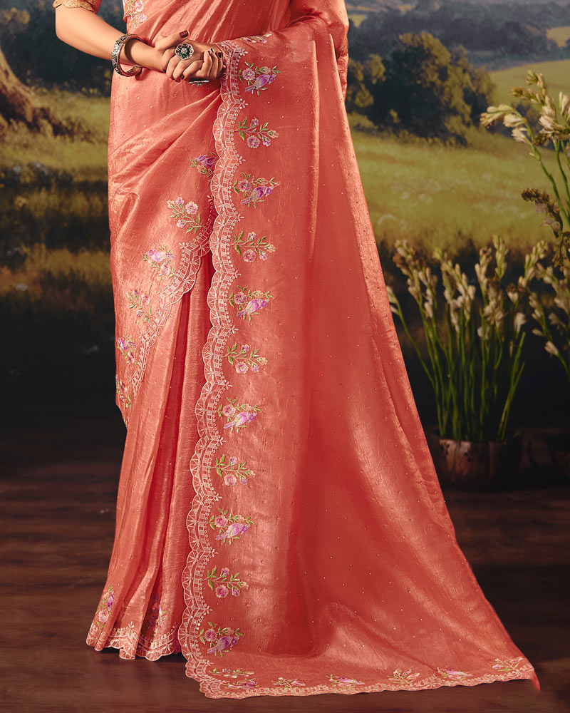 Vishal Prints Dark Coral Designer Crushed Tissue Saree With Embroidery-Diamond Work And Cut Work Border