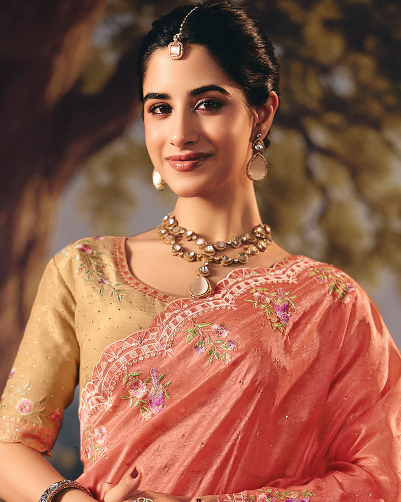 Vishal Prints Dark Coral Designer Crushed Tissue Saree With Embroidery-Diamond Work And Cut Work Border