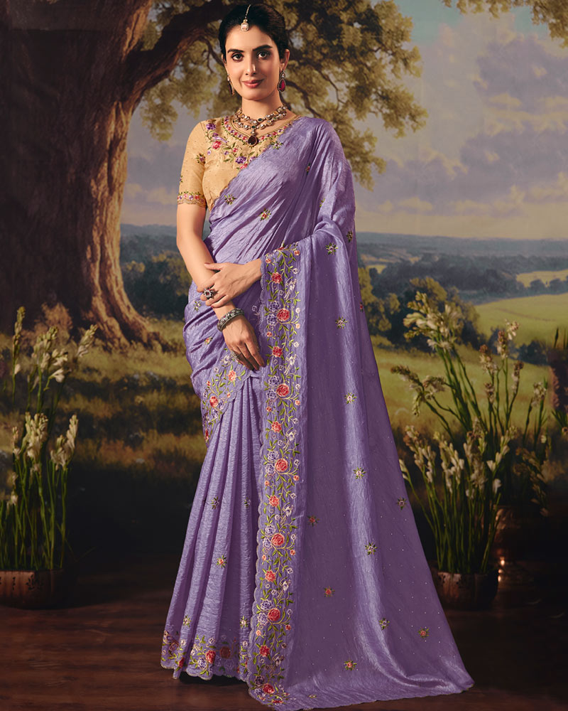 Vishal Prints Faded Purple Designer Crushed Tissue Saree With Embroidery-Diamond Work And Cut Work Border
