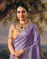 Vishal Prints Faded Purple Designer Crushed Tissue Saree With Embroidery-Diamond Work And Cut Work Border
