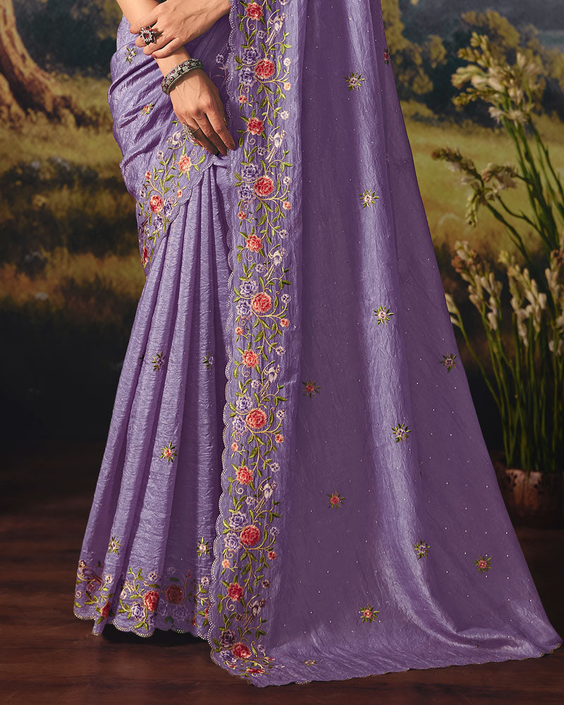 Vishal Prints Faded Purple Designer Crushed Tissue Saree With Embroidery-Diamond Work And Cut Work Border