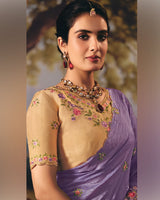 Vishal Prints Faded Purple Designer Crushed Tissue Saree With Embroidery-Diamond Work And Cut Work Border