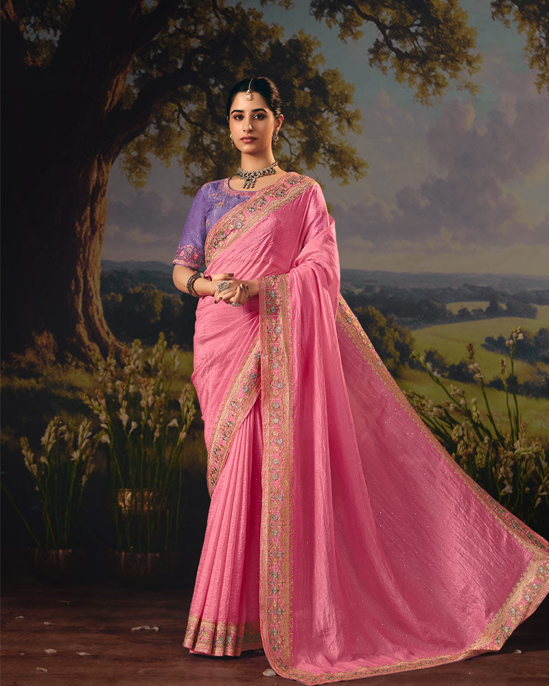 Vishal Prints Watermelon Pink Designer Crushed Tissue Saree With Embroidery-Diamond Work And Cut Work Border