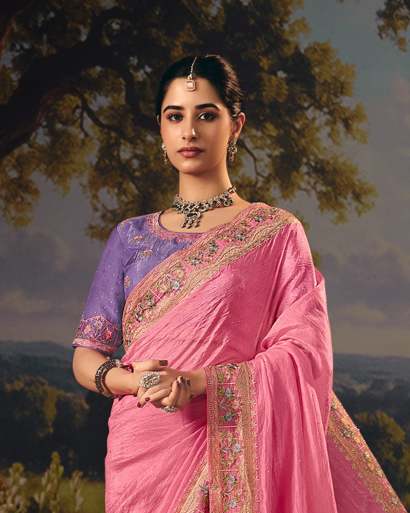 Vishal Prints Watermelon Pink Designer Crushed Tissue Saree With Embroidery-Diamond Work And Cut Work Border