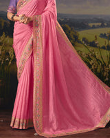 Vishal Prints Watermelon Pink Designer Crushed Tissue Saree With Embroidery-Diamond Work And Cut Work Border