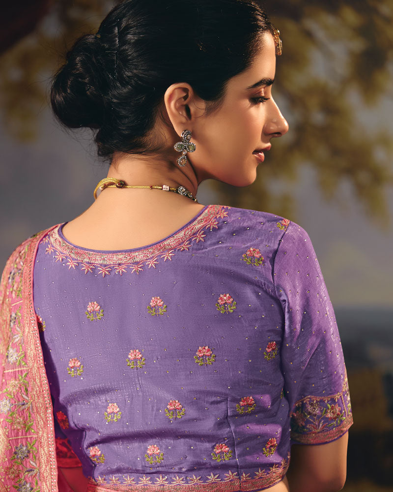 Vishal Prints Watermelon Pink Designer Crushed Tissue Saree With Embroidery-Diamond Work And Cut Work Border