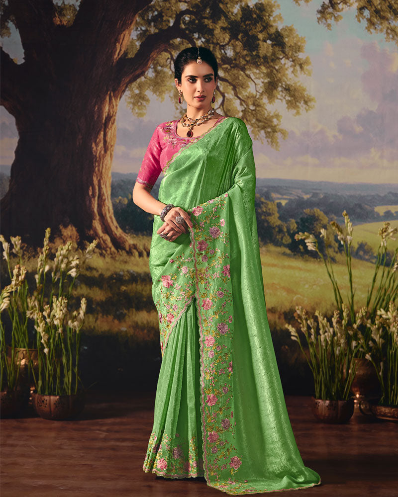 Vishal Prints Olivine Green Designer Crushed Tissue Saree With Embroidery-Diamond Work And Cut Work Border