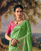 Vishal Prints Olivine Green Designer Crushed Tissue Saree With Embroidery-Diamond Work And Cut Work Border
