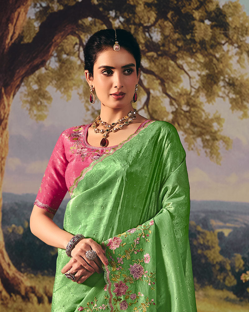 Vishal Prints Olivine Green Designer Crushed Tissue Saree With Embroidery-Diamond Work And Cut Work Border