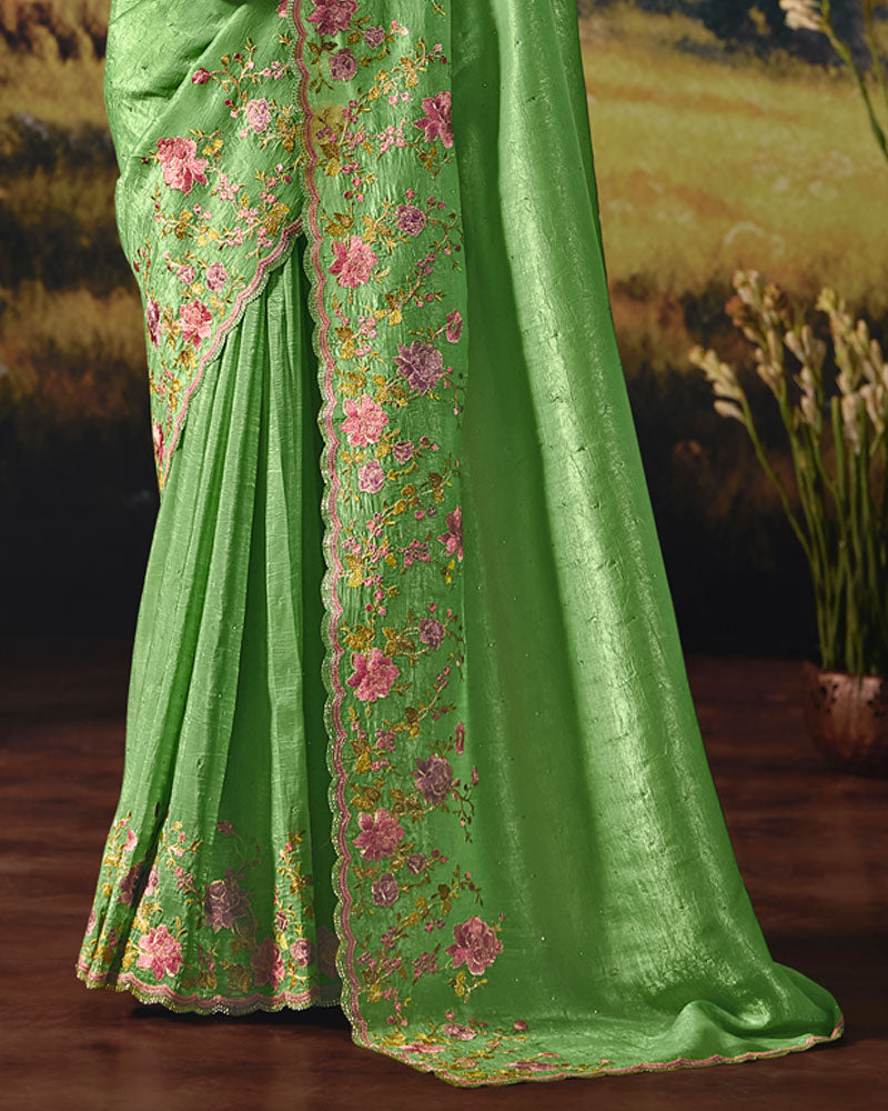 Vishal Prints Olivine Green Designer Crushed Tissue Saree With Embroidery-Diamond Work And Cut Work Border