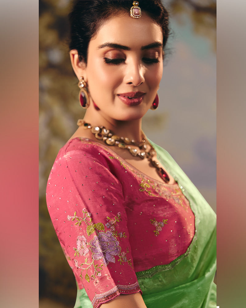 Vishal Prints Olivine Green Designer Crushed Tissue Saree With Embroidery-Diamond Work And Cut Work Border