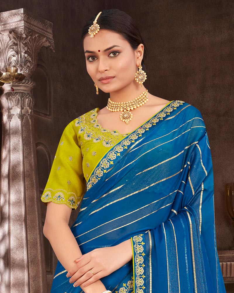 Vishal Prints Orient Blue Designer Fancy Chiffon Saree With Fancy Embroidery Border