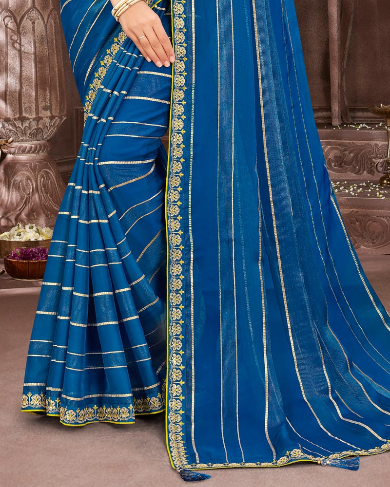 Vishal Prints Orient Blue Designer Fancy Chiffon Saree With Fancy Embroidery Border