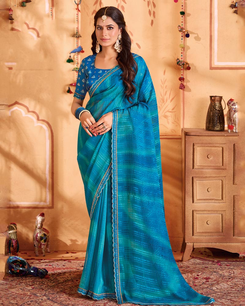 Vishal Prints Persian Blue Designer Patterned Chiffon Printed Saree With Cut Work Embroidery Border
