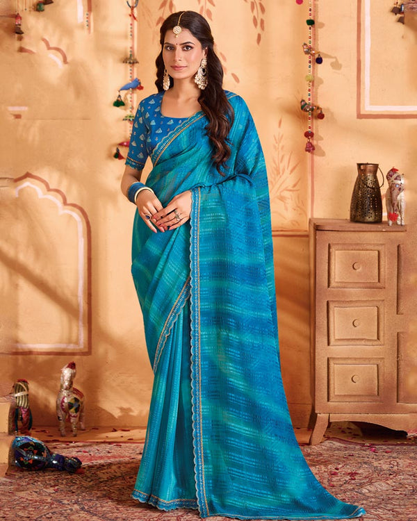 Vishal Prints Persian Blue Designer Patterned Chiffon Printed Saree With Cut Work Embroidery Border