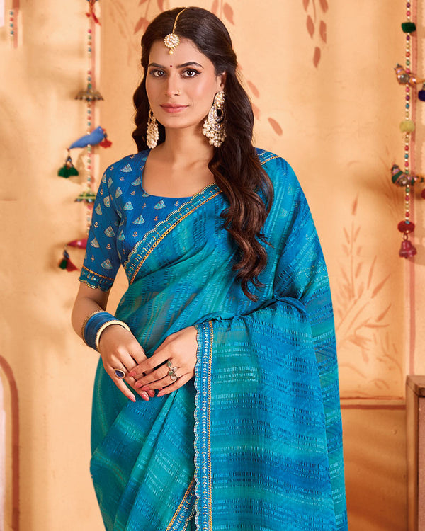 Vishal Prints Persian Blue Designer Patterned Chiffon Printed Saree With Cut Work Embroidery Border