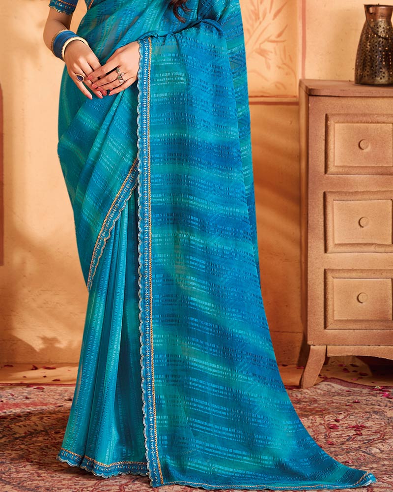 Vishal Prints Persian Blue Designer Patterned Chiffon Printed Saree With Cut Work Embroidery Border