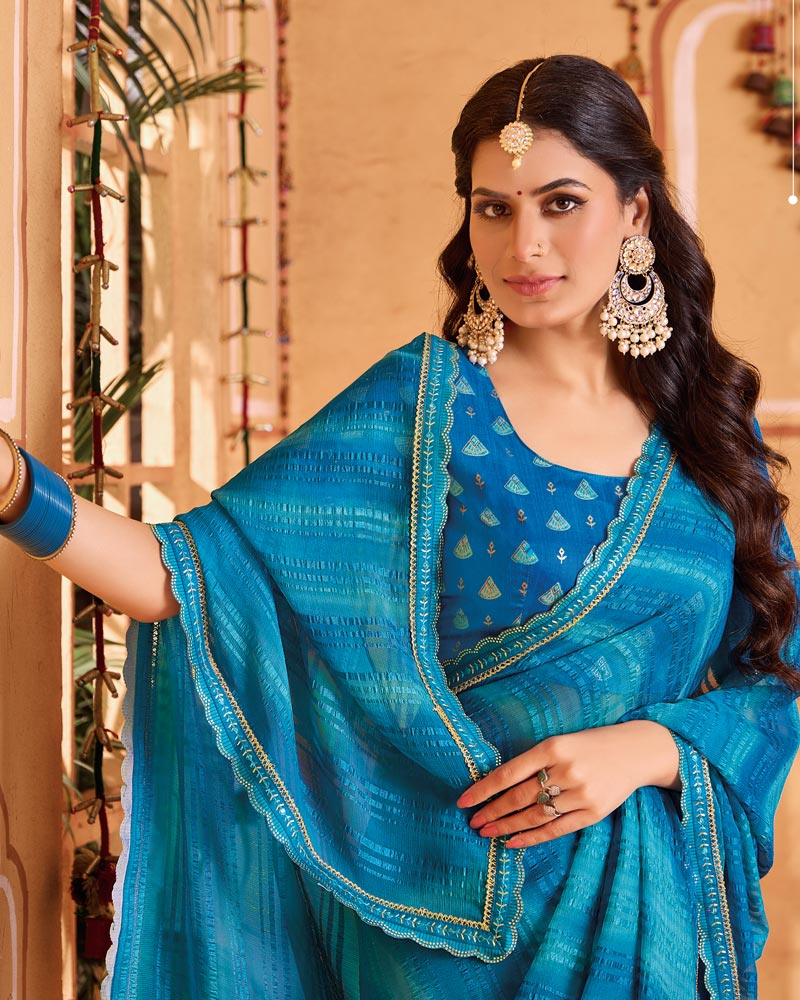 Vishal Prints Persian Blue Designer Patterned Chiffon Printed Saree With Cut Work Embroidery Border