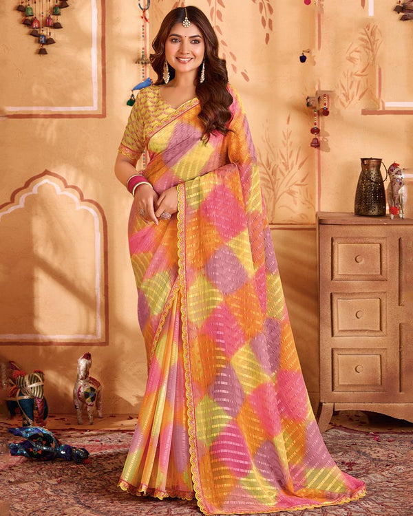 Vishal Prints Multicolored Designer Patterned Chiffon Printed Saree With Cut Work Embroidery Border