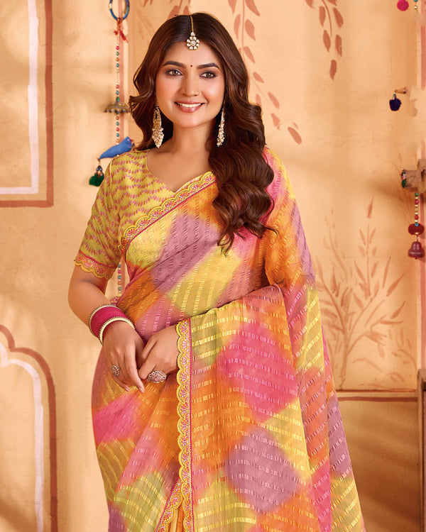Vishal Prints Multicolored Designer Patterned Chiffon Printed Saree With Cut Work Embroidery Border