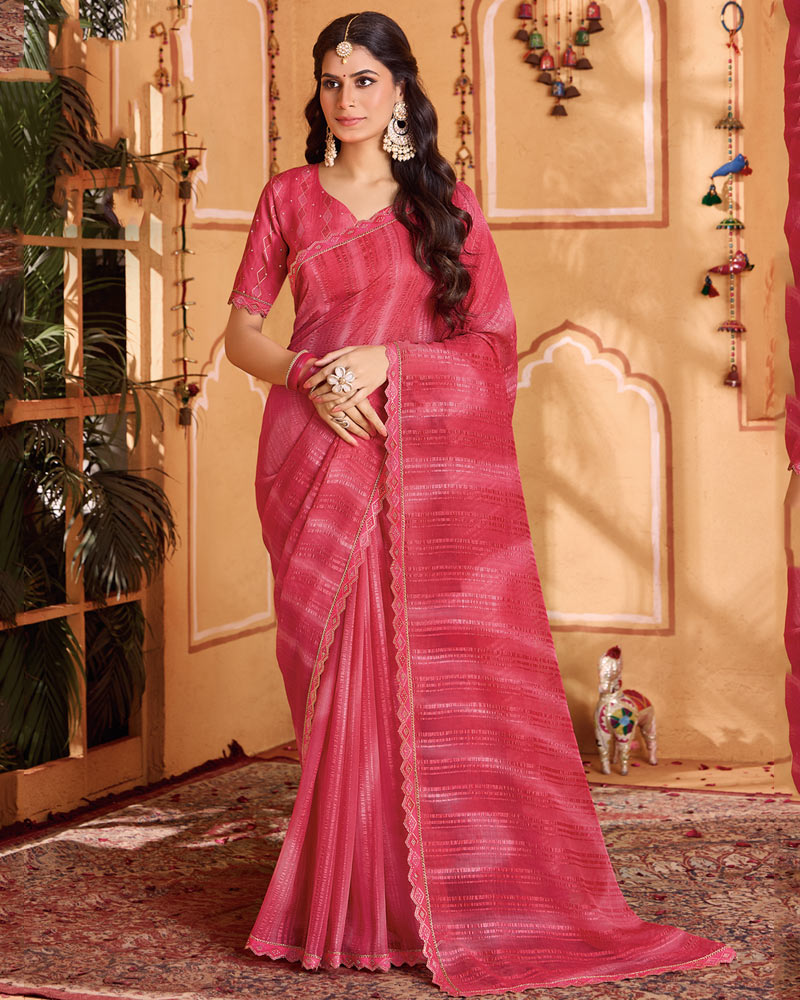 Vishal Prints Light Carmine Pink Designer Patterned Chiffon Printed Saree With Cut Work Embroidery Border