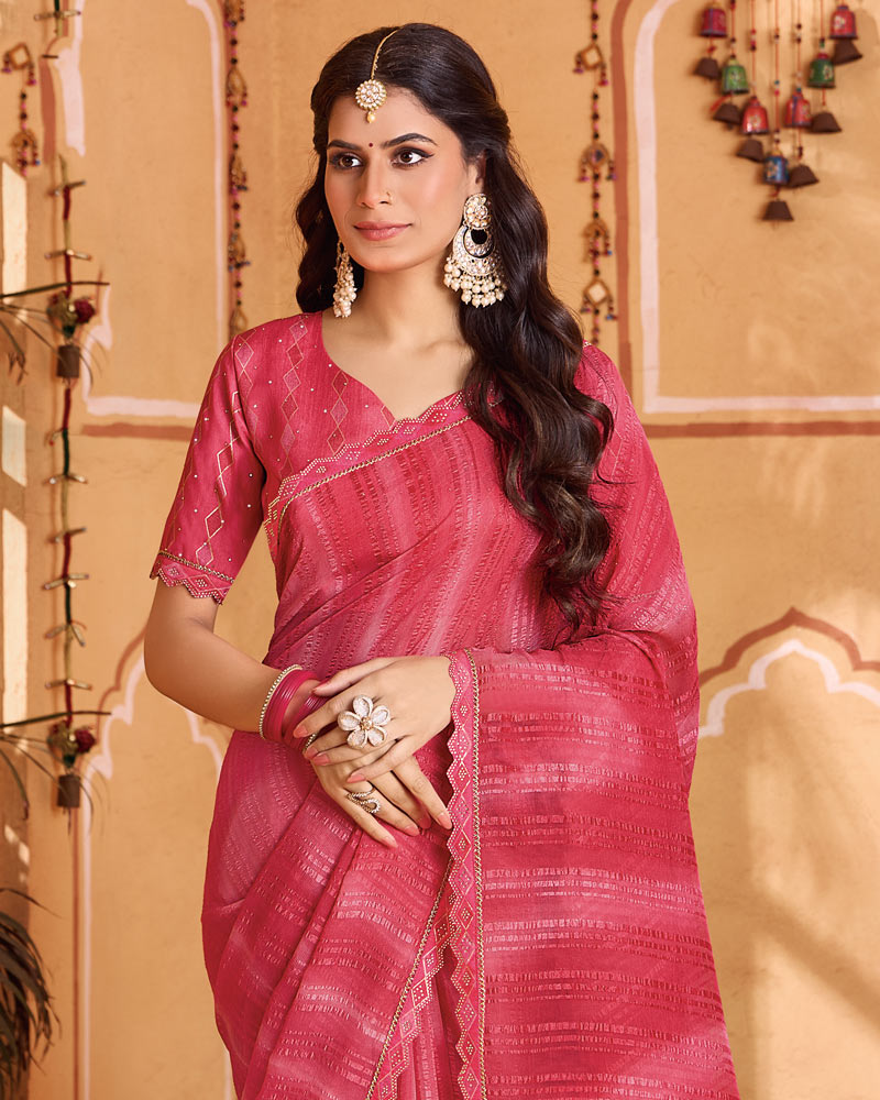 Vishal Prints Light Carmine Pink Designer Patterned Chiffon Printed Saree With Cut Work Embroidery Border