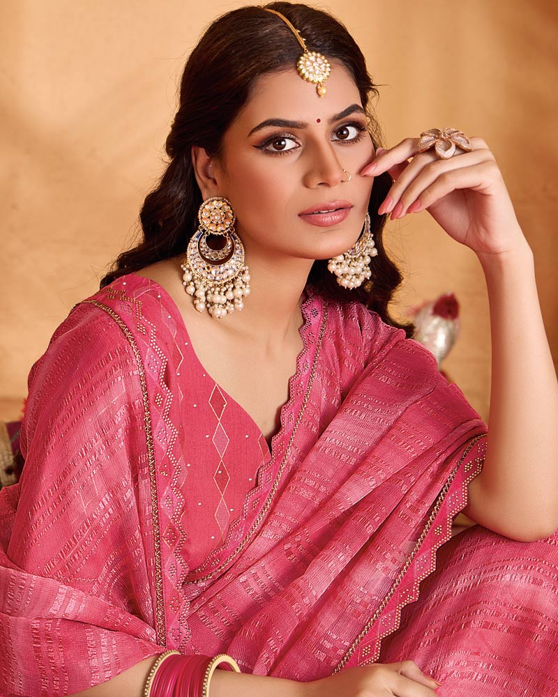 Vishal Prints Light Carmine Pink Designer Patterned Chiffon Printed Saree With Cut Work Embroidery Border