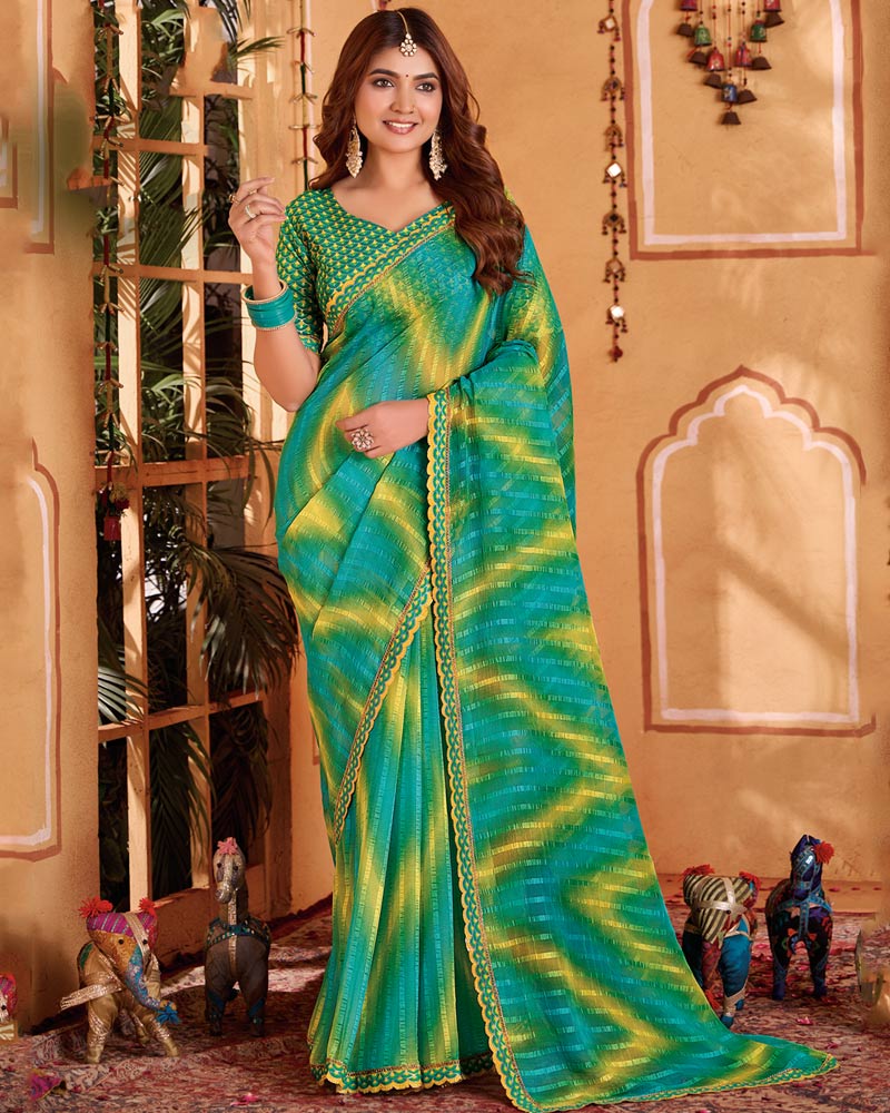 Vishal Prints Teal Green Designer Patterned Chiffon Printed Saree With Cut Work Embroidery Border