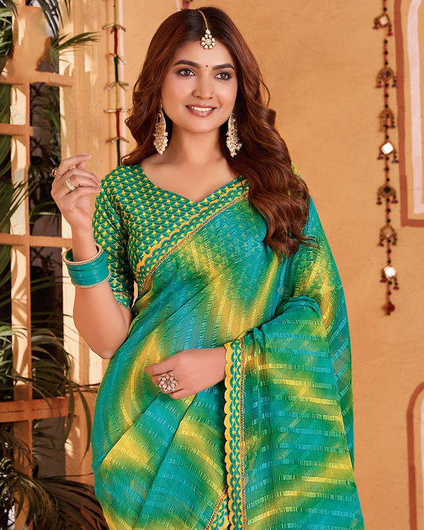 Vishal Prints Teal Green Designer Patterned Chiffon Printed Saree With Cut Work Embroidery Border