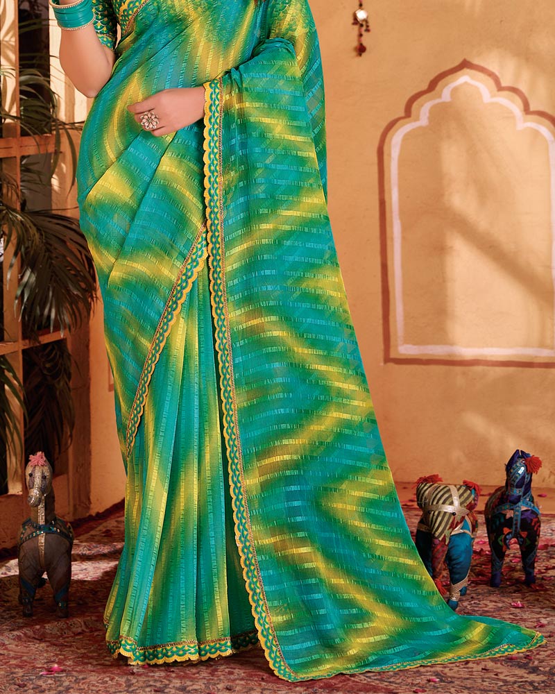 Vishal Prints Teal Green Designer Patterned Chiffon Printed Saree With Cut Work Embroidery Border