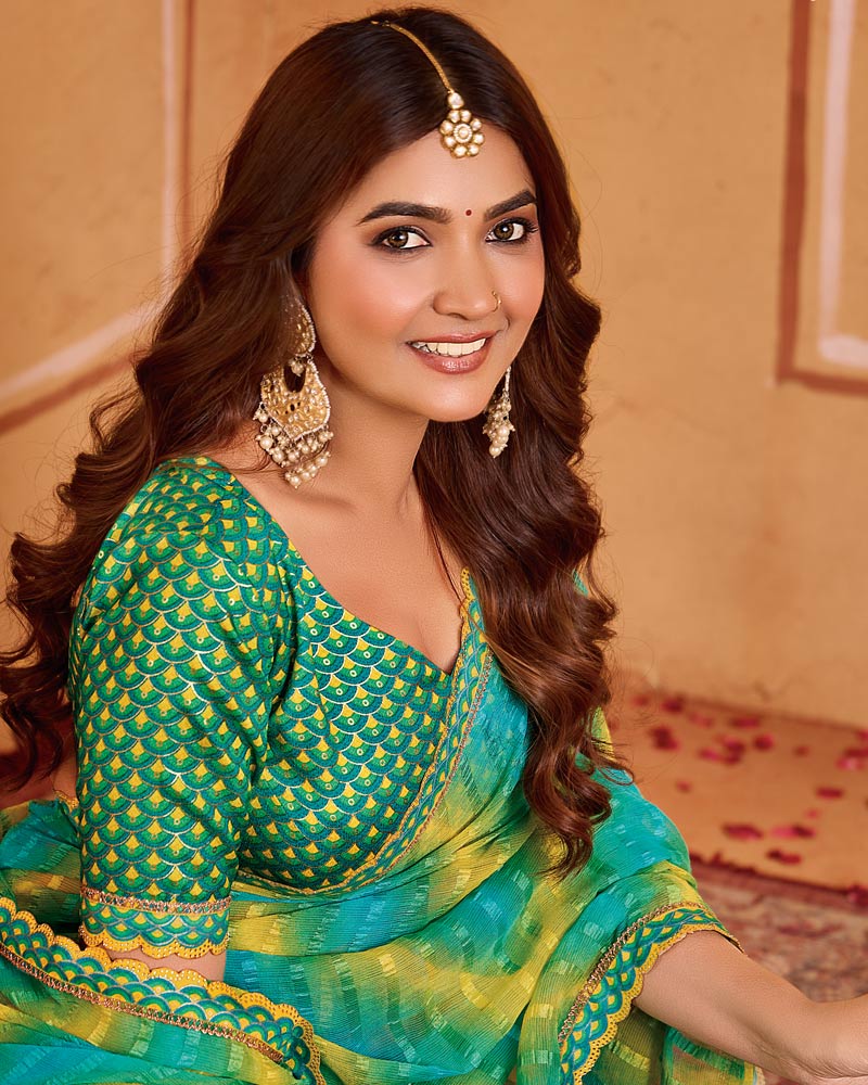 Vishal Prints Teal Green Designer Patterned Chiffon Printed Saree With Cut Work Embroidery Border