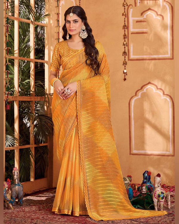 Vishal Prints Orange Designer Patterned Chiffon Printed Saree With Cut Work Embroidery Border