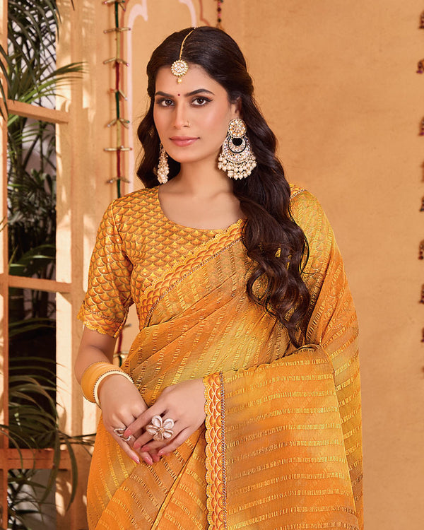 Vishal Prints Orange Designer Patterned Chiffon Printed Saree With Cut Work Embroidery Border
