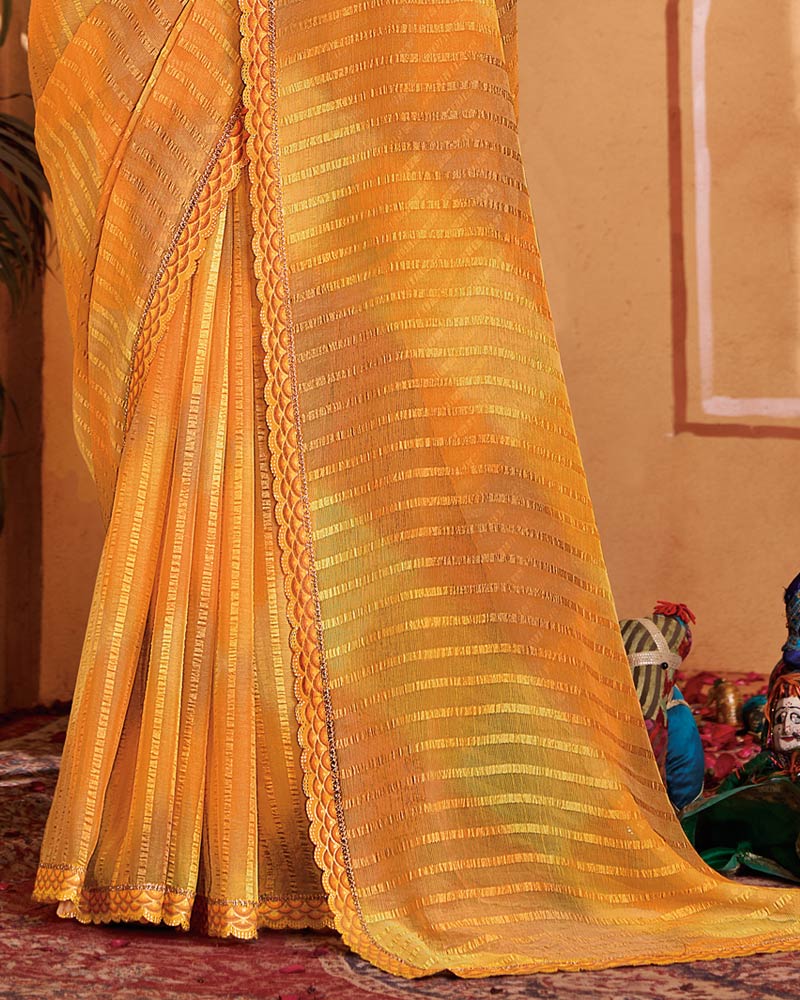 Vishal Prints Orange Designer Patterned Chiffon Printed Saree With Cut Work Embroidery Border