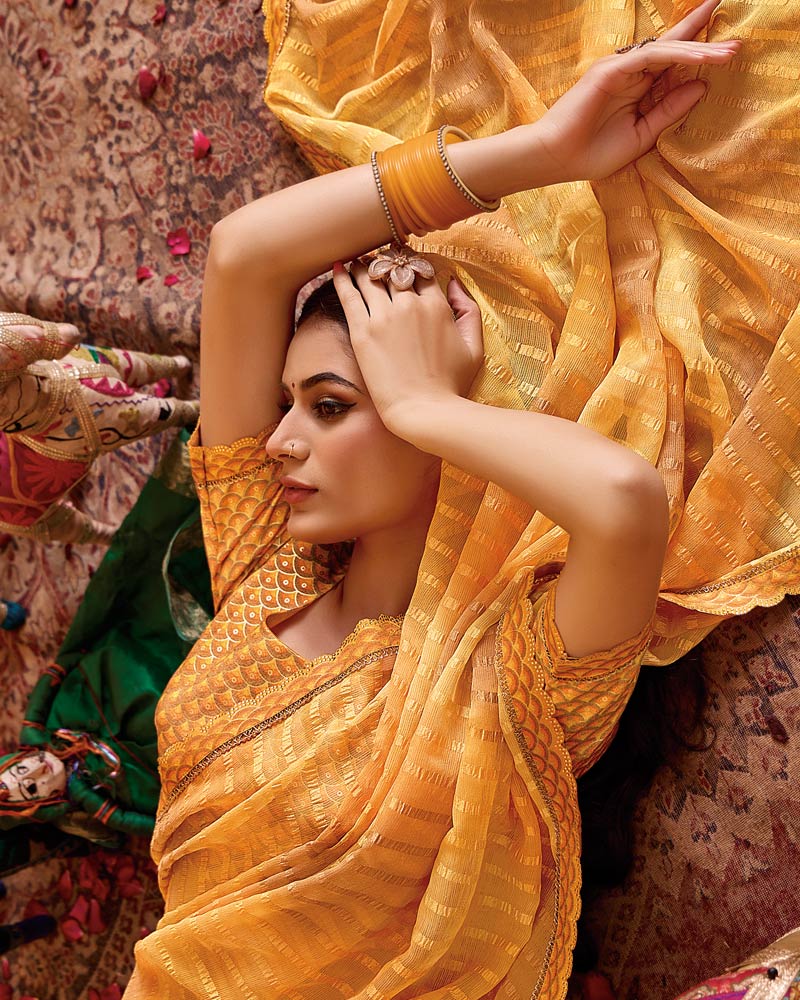 Vishal Prints Orange Designer Patterned Chiffon Printed Saree With Cut Work Embroidery Border