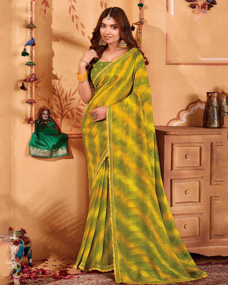 Vishal Prints Olive Green Designer Patterned Chiffon Printed Saree With Cut Work Embroidery Border